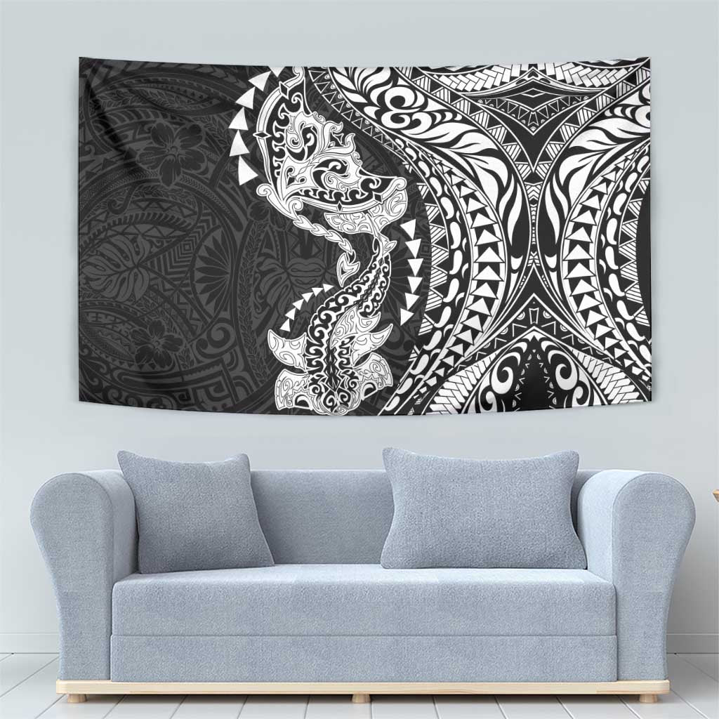Hawaiian Manta Ray and Hammerhead Shark Tribal Tattoo Tapestry with Polynesian Tribal Pattern Black-White Color