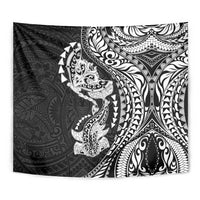 Hawaiian Manta Ray and Hammerhead Shark Tribal Tattoo Tapestry with Polynesian Tribal Pattern Black-White Color