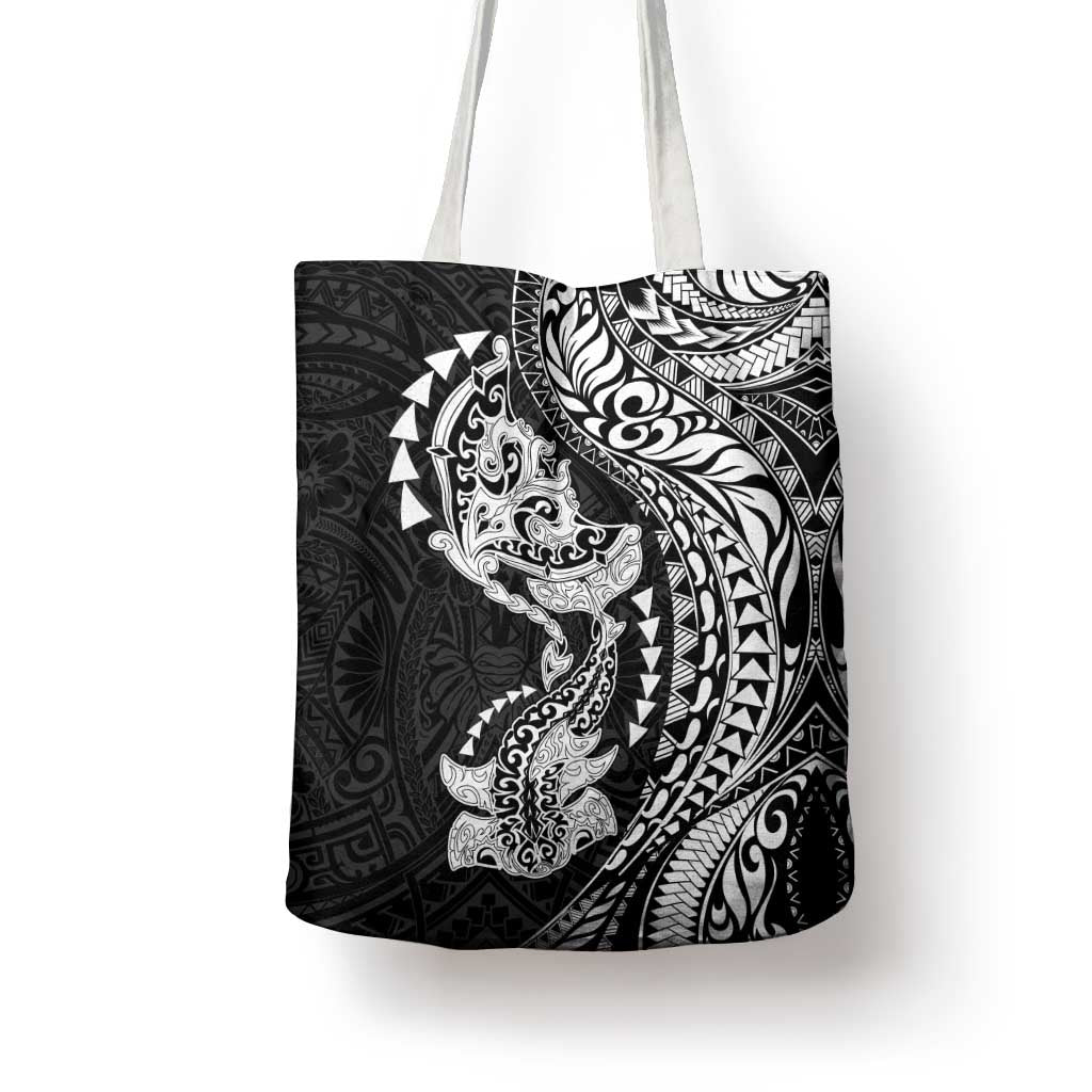Hawaiian Manta Ray and Hammerhead Shark Tribal Tattoo Tote Bag with Polynesian Tribal Pattern Black-White Color