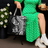 Hawaiian Manta Ray and Hammerhead Shark Tribal Tattoo Tote Bag with Polynesian Tribal Pattern Black-White Color