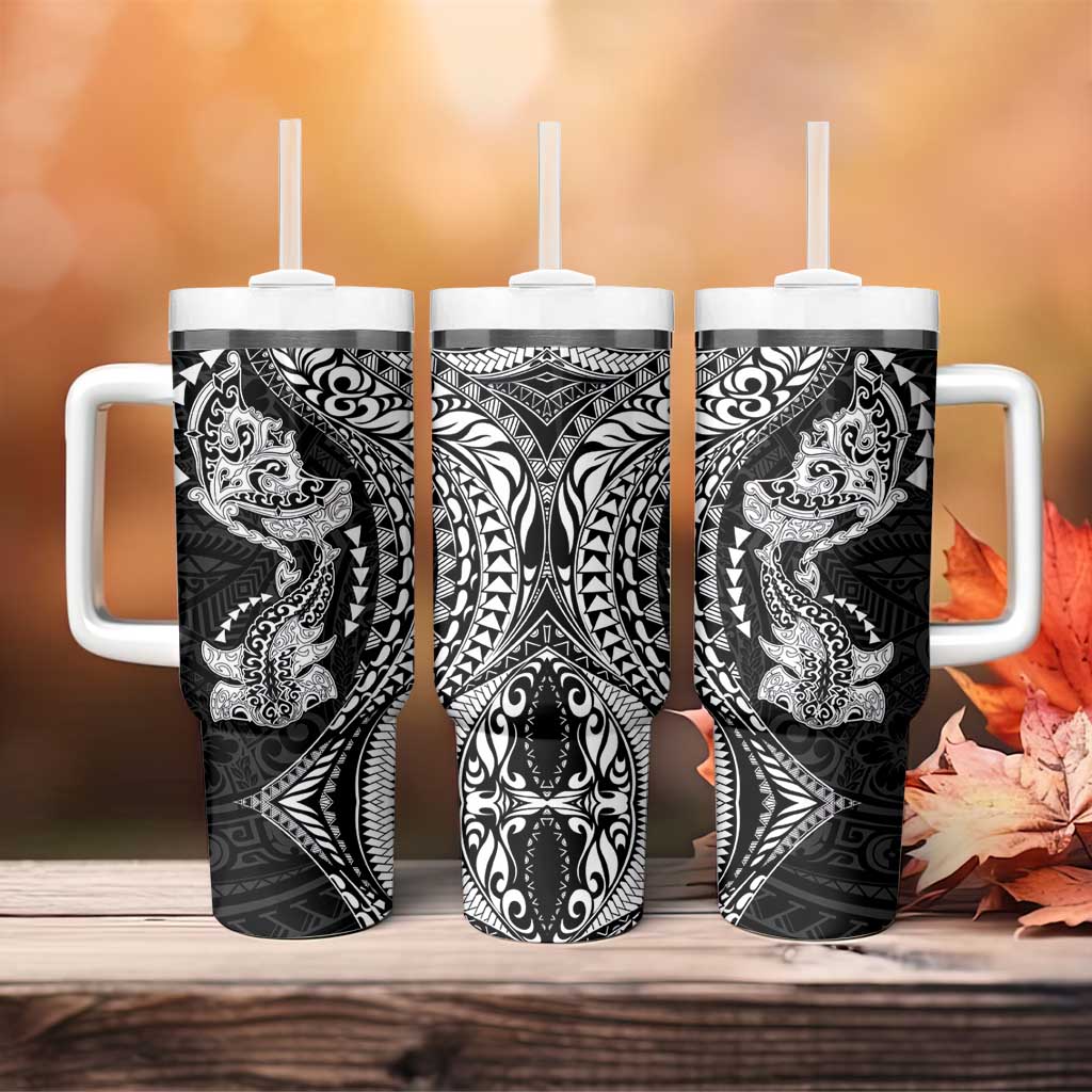 Hawaiian Manta Ray and Hammerhead Shark Tribal Tattoo Tumbler With Handle with Polynesian Tribal Pattern Black-White Color