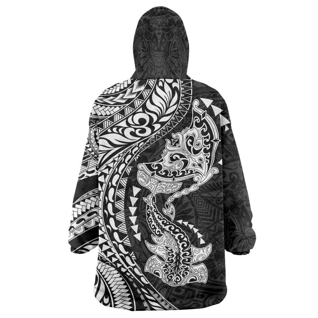 Hawaiian Manta Ray and Hammerhead Shark Tribal Tattoo Wearable Blanket Hoodie with Polynesian Tribal Pattern Black-White Color LT03 - Polynesian Pride