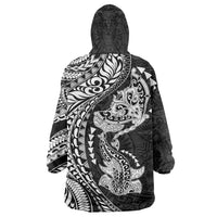Hawaiian Manta Ray and Hammerhead Shark Tribal Tattoo Wearable Blanket Hoodie with Polynesian Tribal Pattern Black-White Color LT03 - Polynesian Pride