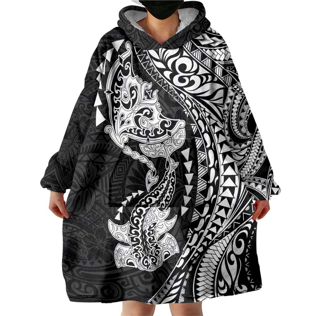 Hawaiian Manta Ray and Hammerhead Shark Tribal Tattoo Wearable Blanket Hoodie with Polynesian Tribal Pattern Black-White Color LT03 - Polynesian Pride