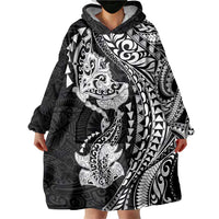 Hawaiian Manta Ray and Hammerhead Shark Tribal Tattoo Wearable Blanket Hoodie with Polynesian Tribal Pattern Black-White Color LT03 - Polynesian Pride