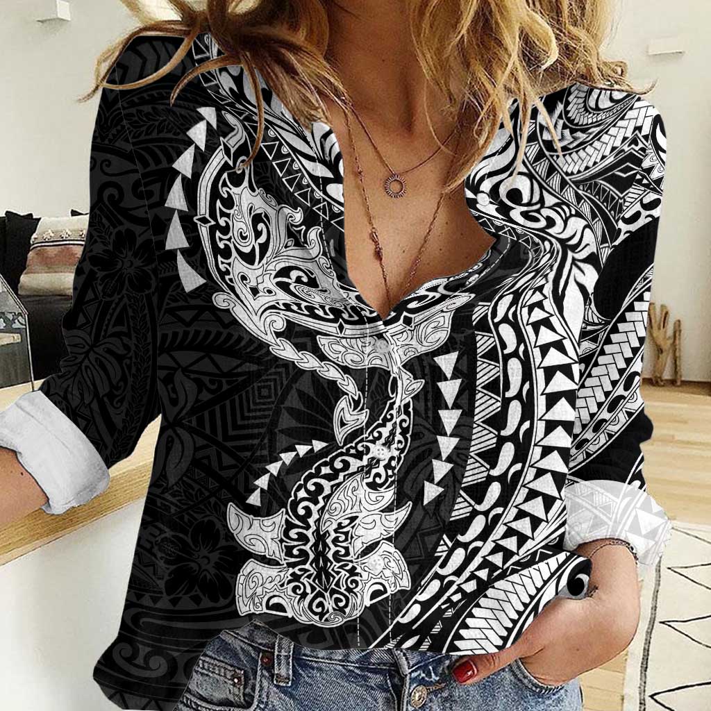Hawaiian Manta Ray and Hammerhead Shark Tribal Tattoo Women Casual Shirt with Polynesian Tribal Pattern Black-White Color LT03 Female Multicolor - Polynesian Pride