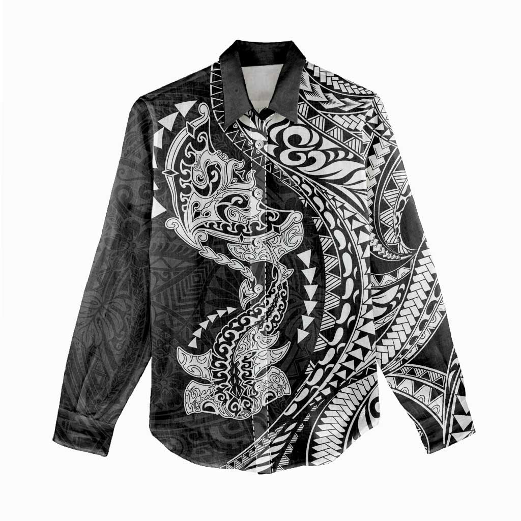 Hawaiian Manta Ray and Hammerhead Shark Tribal Tattoo Women Casual Shirt with Polynesian Tribal Pattern Black-White Color LT03 - Polynesian Pride