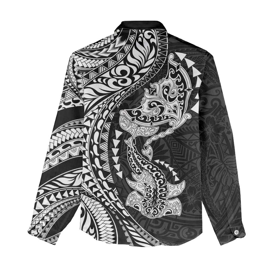 Hawaiian Manta Ray and Hammerhead Shark Tribal Tattoo Women Casual Shirt with Polynesian Tribal Pattern Black-White Color LT03 - Polynesian Pride