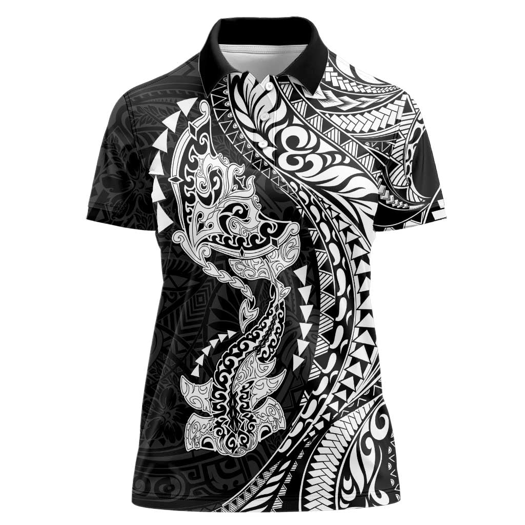 Hawaiian Manta Ray and Hammerhead Shark Tribal Tattoo Women Polo Shirt with Polynesian Tribal Pattern Black-White Color LT03 Female Multicolor - Polynesian Pride