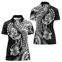 Hawaiian Manta Ray and Hammerhead Shark Tribal Tattoo Women Polo Shirt with Polynesian Tribal Pattern Black-White Color LT03 - Polynesian Pride