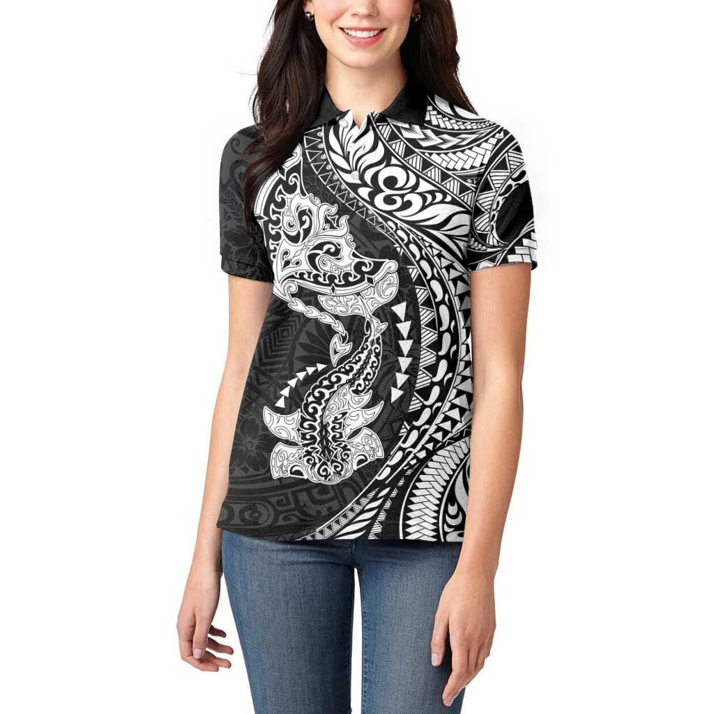 Hawaiian Manta Ray and Hammerhead Shark Tribal Tattoo Women Polo Shirt with Polynesian Tribal Pattern Black-White Color LT03 - Polynesian Pride