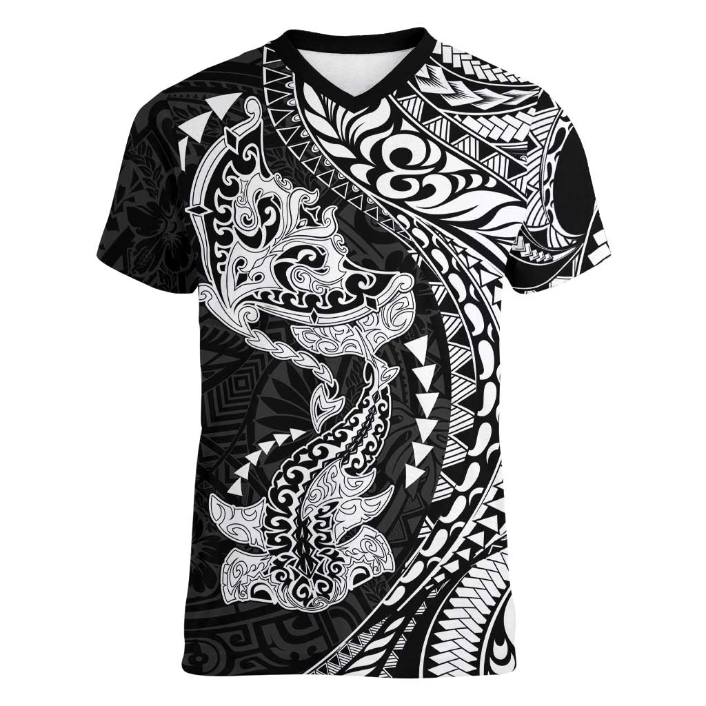 Hawaiian Manta Ray and Hammerhead Shark Tribal Tattoo Women V-Neck T-Shirt with Polynesian Tribal Pattern Black-White Color LT03 Female Multicolor - Polynesian Pride