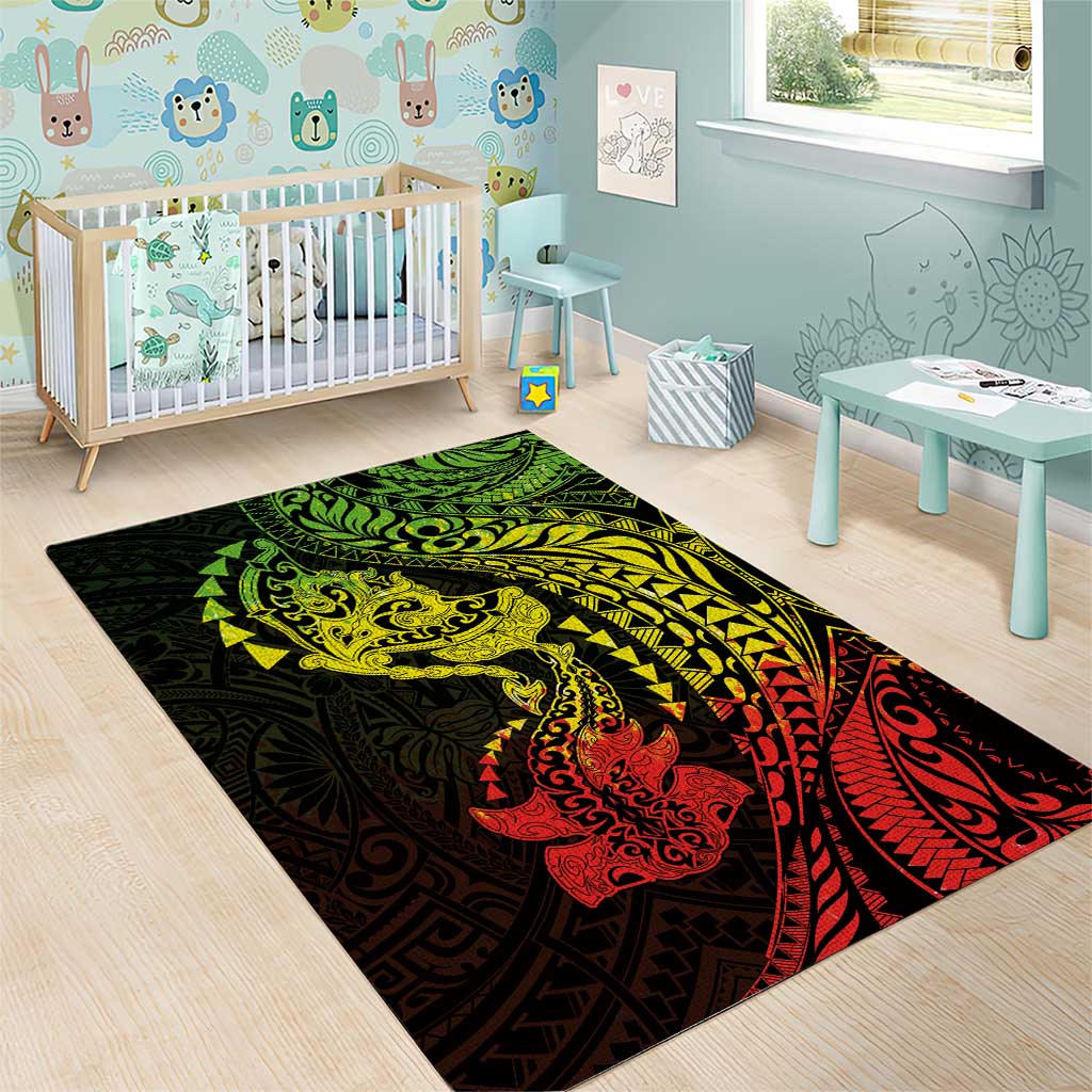 Hawaiian Manta Ray and Hammerhead Shark Tribal Tattoo Area Rug with Polynesian Tribal Pattern Reggae Style