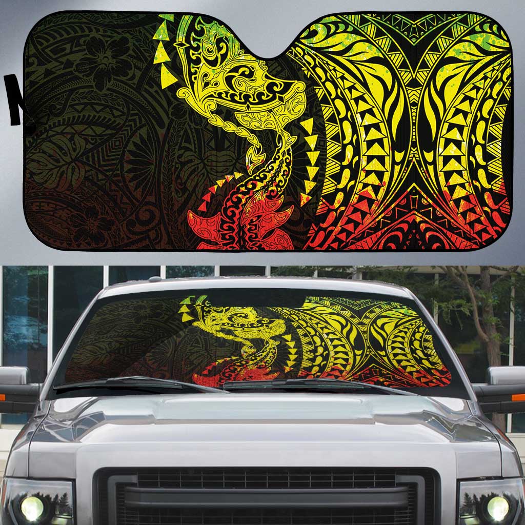 Hawaiian Manta Ray and Hammerhead Shark Tribal Tattoo Auto Sun Shade with Polynesian Tribal Pattern Reggae Style