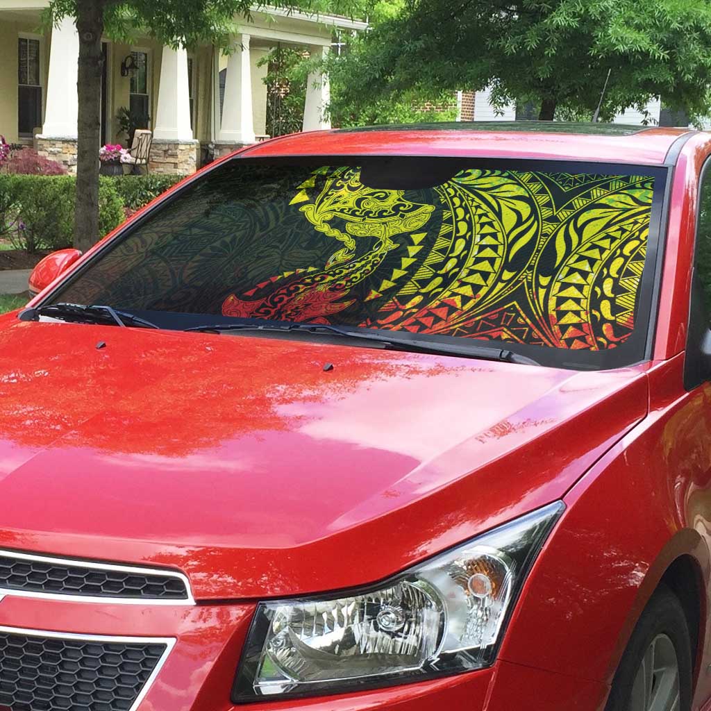 Hawaiian Manta Ray and Hammerhead Shark Tribal Tattoo Auto Sun Shade with Polynesian Tribal Pattern Reggae Style