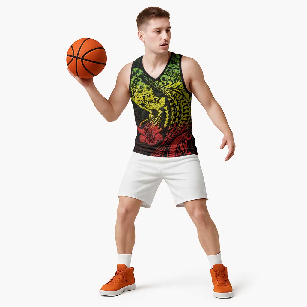 Hawaiian Manta Ray and Hammerhead Shark Tribal Tattoo Basketball Jersey with Polynesian Tribal Pattern Reggae Style