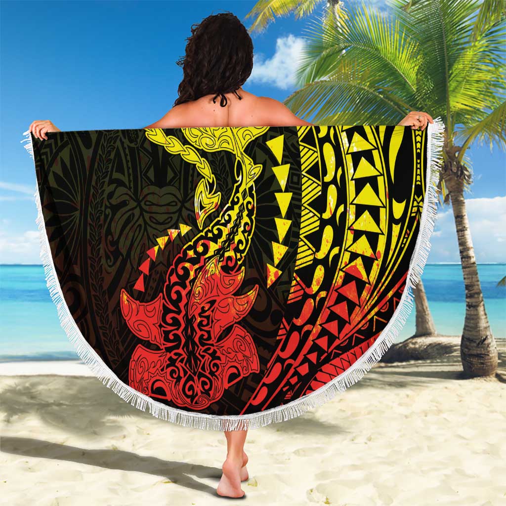 Hawaiian Manta Ray and Hammerhead Shark Tribal Tattoo Beach Blanket with Polynesian Tribal Pattern Reggae Style