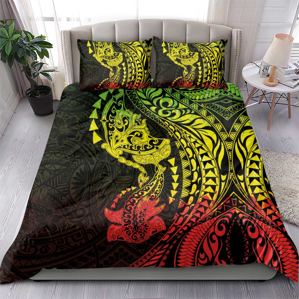 Hawaiian Manta Ray and Hammerhead Shark Tribal Tattoo Bedding Set with Polynesian Tribal Pattern Reggae Style