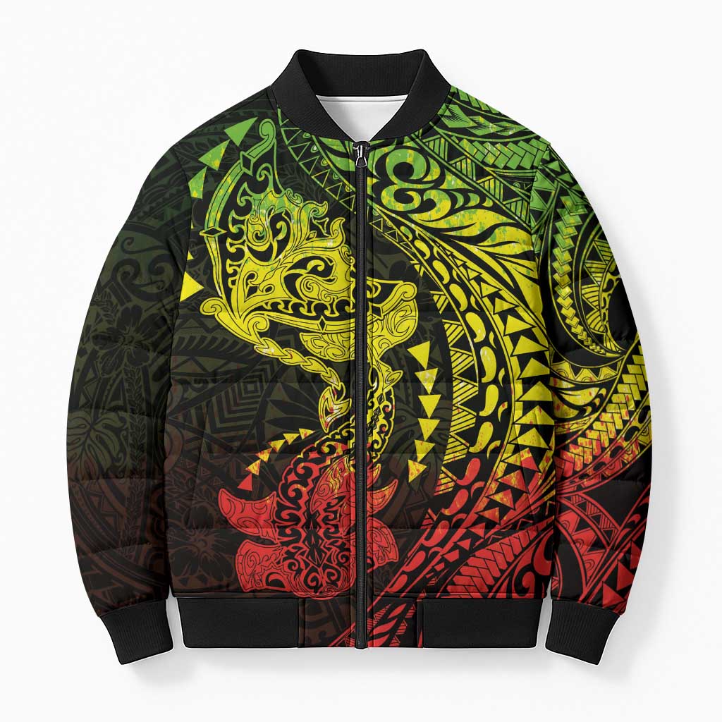 Hawaiian Manta Ray and Hammerhead Shark Tribal Tattoo Bomber Puffer Jacket with Polynesian Tribal Pattern Reggae Style
