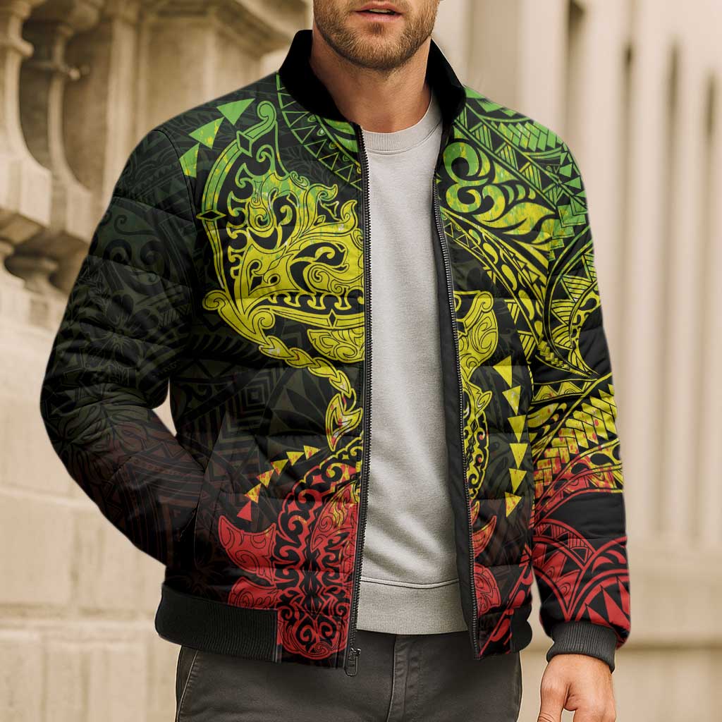 Hawaiian Manta Ray and Hammerhead Shark Tribal Tattoo Bomber Puffer Jacket with Polynesian Tribal Pattern Reggae Style
