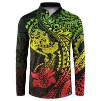 Hawaiian Manta Ray and Hammerhead Shark Tribal Tattoo Button Sweatshirt with Polynesian Tribal Pattern Reggae Style