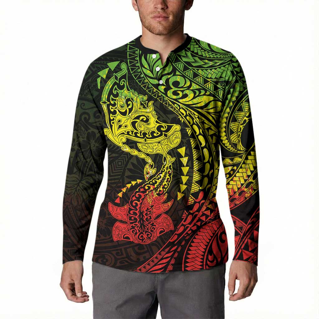 Hawaiian Manta Ray and Hammerhead Shark Tribal Tattoo Button Sweatshirt with Polynesian Tribal Pattern Reggae Style