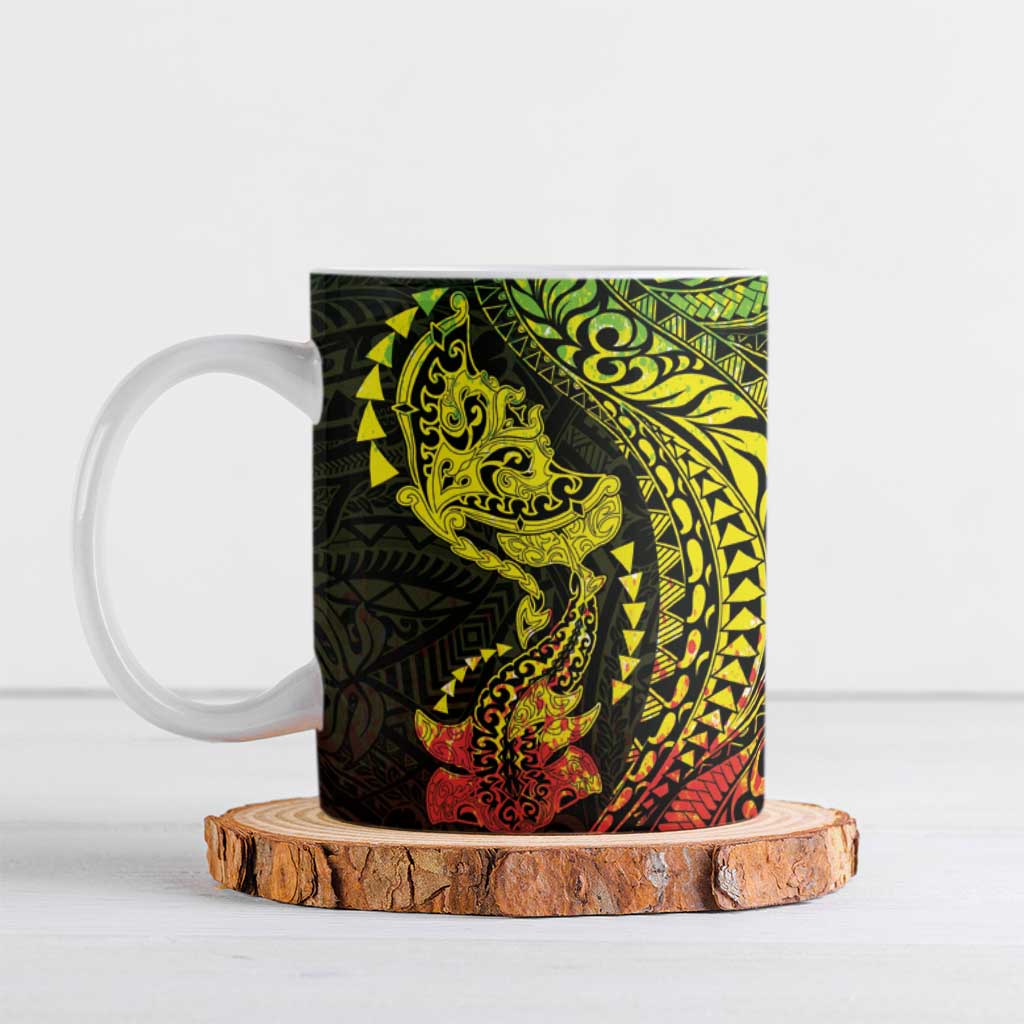 Hawaiian Manta Ray and Hammerhead Shark Tribal Tattoo Ceramic Mug with Polynesian Tribal Pattern Reggae Style