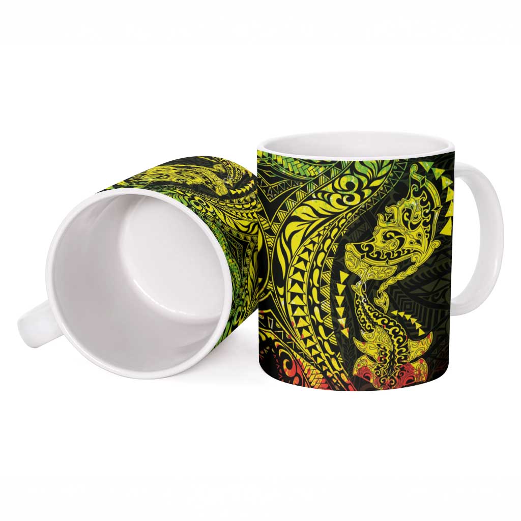 Hawaiian Manta Ray and Hammerhead Shark Tribal Tattoo Ceramic Mug with Polynesian Tribal Pattern Reggae Style