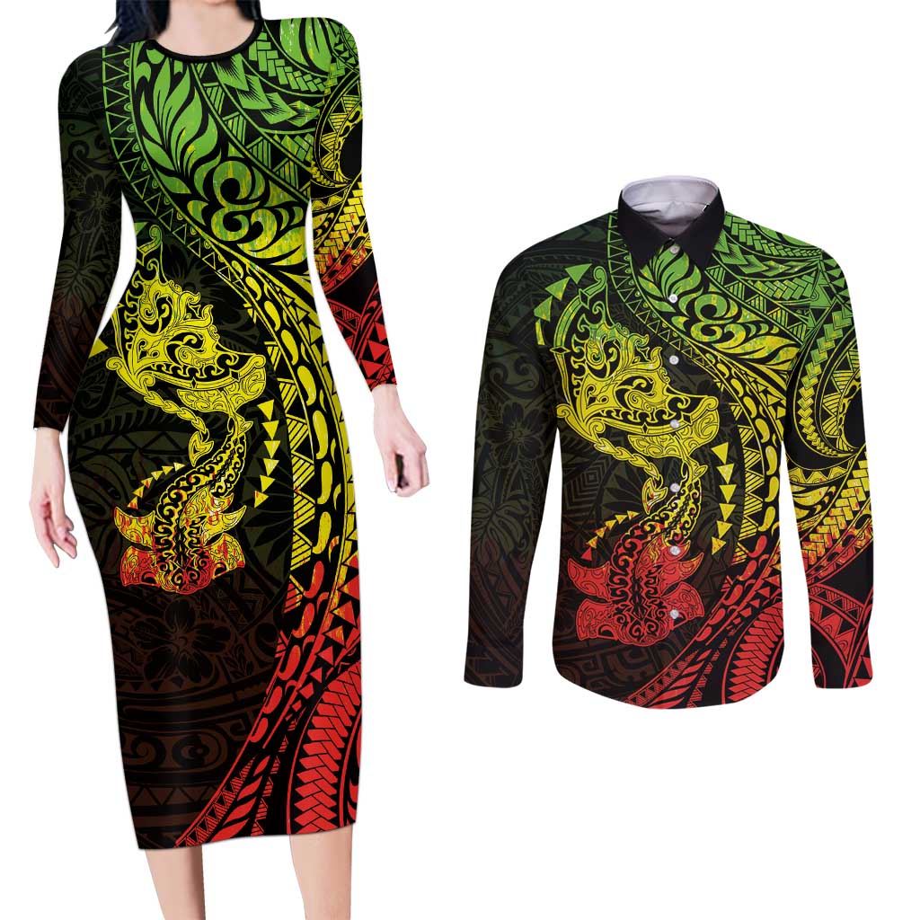 Hawaiian Manta Ray and Hammerhead Shark Tribal Tattoo Couples Matching Long Sleeve Bodycon Dress and Long Sleeve Button Shirt with Polynesian Tribal Pattern Reggae Style LT03 Multicolor - Polynesian Pride