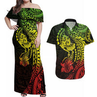 Hawaiian Manta Ray and Hammerhead Shark Tribal Tattoo Couples Matching Off Shoulder Maxi Dress and Hawaiian Shirt with Polynesian Tribal Pattern Reggae Style LT03 Multicolor - Polynesian Pride