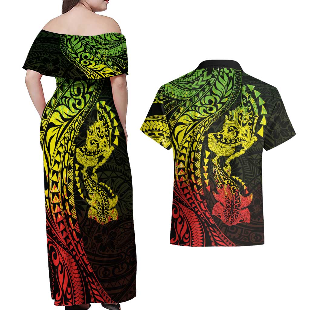 Hawaiian Manta Ray and Hammerhead Shark Tribal Tattoo Couples Matching Off Shoulder Maxi Dress and Hawaiian Shirt with Polynesian Tribal Pattern Reggae Style LT03 - Polynesian Pride