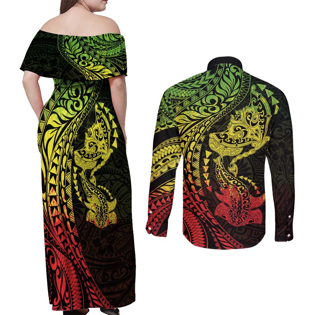 Hawaiian Manta Ray and Hammerhead Shark Tribal Tattoo Couples Matching Off Shoulder Maxi Dress and Long Sleeve Button Shirt with Polynesian Tribal Pattern Reggae Style LT03 - Polynesian Pride