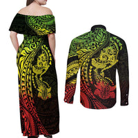 Hawaiian Manta Ray and Hammerhead Shark Tribal Tattoo Couples Matching Off Shoulder Maxi Dress and Long Sleeve Button Shirt with Polynesian Tribal Pattern Reggae Style LT03 - Polynesian Pride