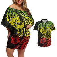Hawaiian Manta Ray and Hammerhead Shark Tribal Tattoo Couples Matching Off Shoulder Short Dress and Hawaiian Shirt with Polynesian Tribal Pattern Reggae Style LT03 Multicolor - Polynesian Pride