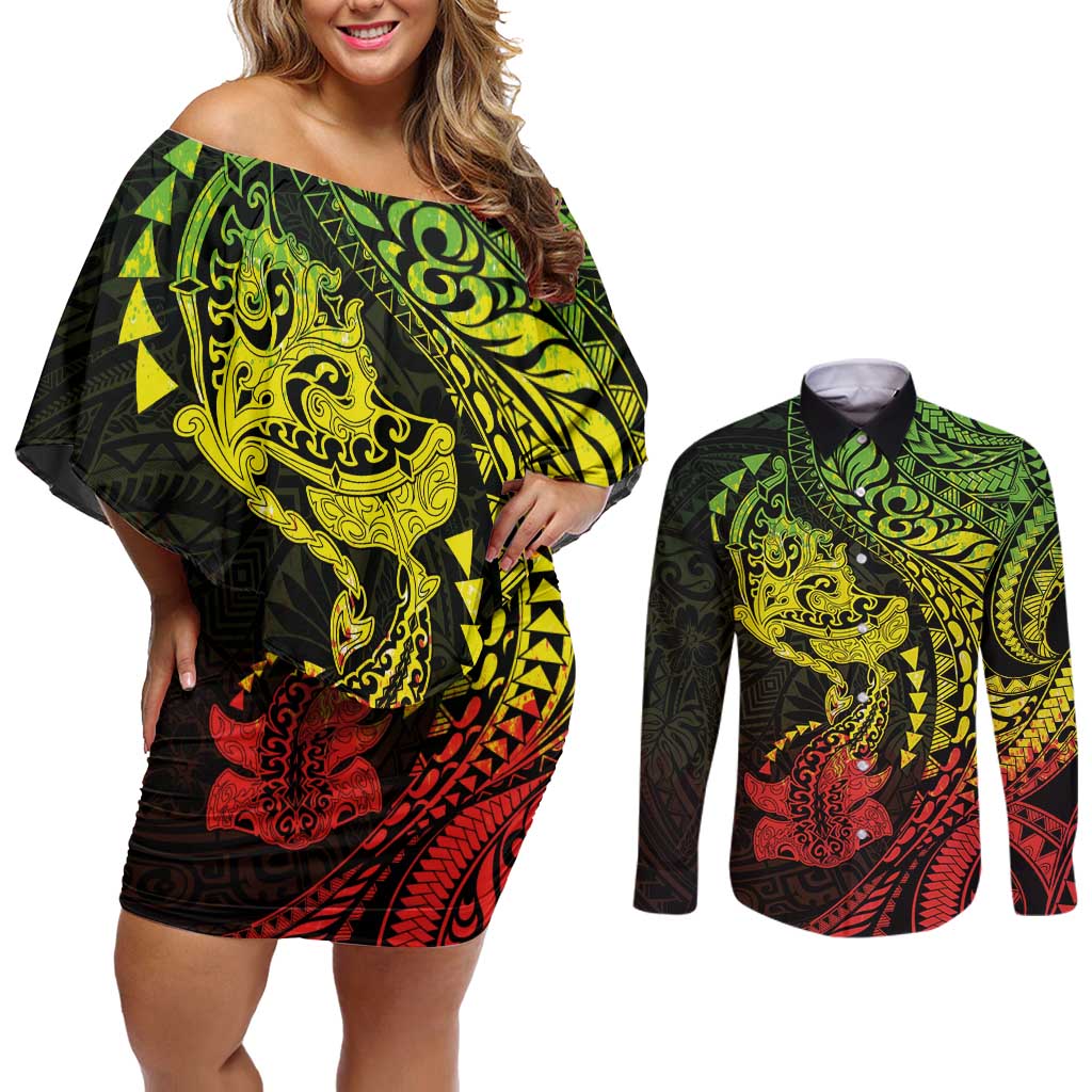 Hawaiian Manta Ray and Hammerhead Shark Tribal Tattoo Couples Matching Off Shoulder Short Dress and Long Sleeve Button Shirt with Polynesian Tribal Pattern Reggae Style