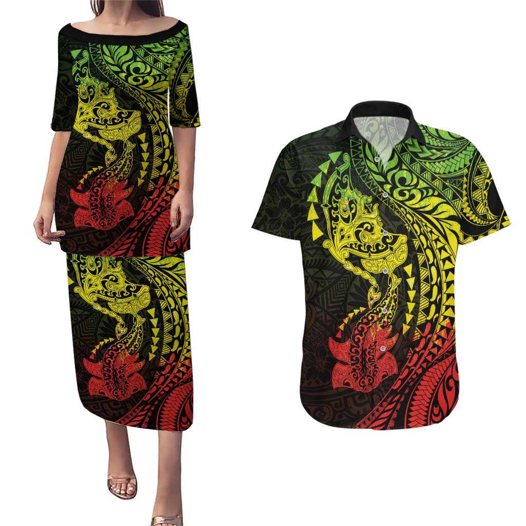Hawaiian Manta Ray and Hammerhead Shark Tribal Tattoo Couples Matching Puletasi and Hawaiian Shirt with Polynesian Tribal Pattern Reggae Style LT03 Multicolor - Polynesian Pride