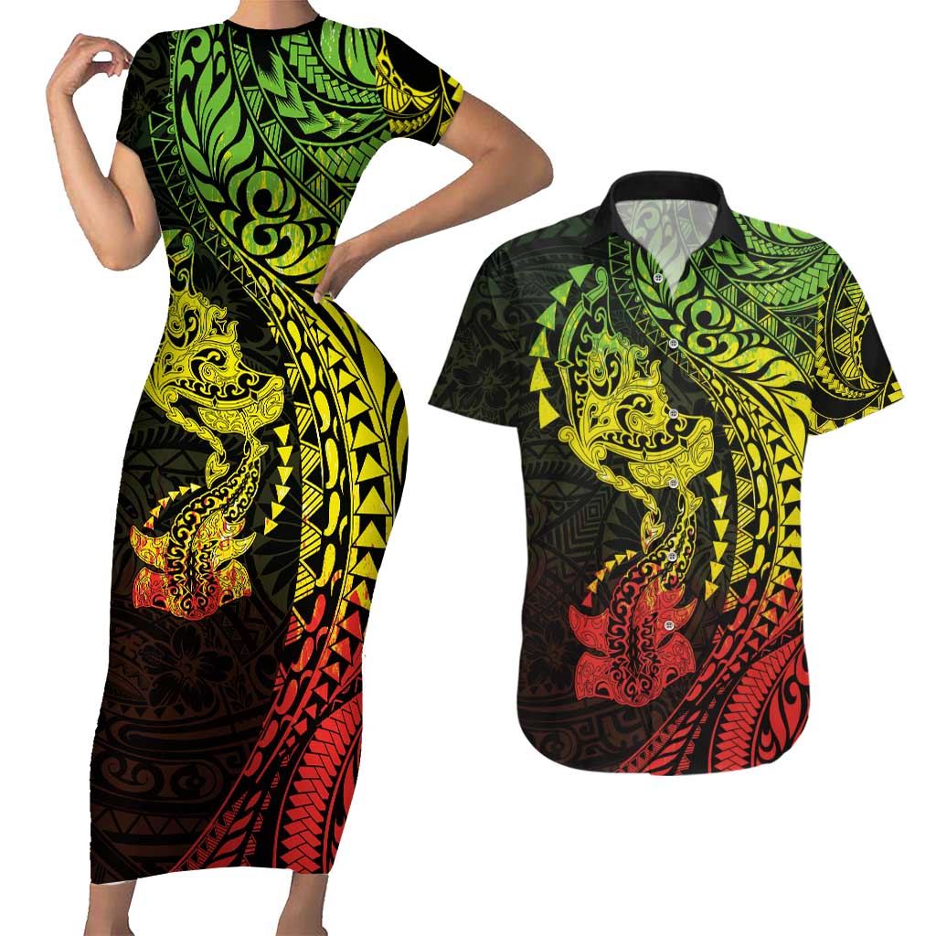 Hawaiian Manta Ray and Hammerhead Shark Tribal Tattoo Couples Matching Short Sleeve Bodycon Dress and Hawaiian Shirt with Polynesian Tribal Pattern Reggae Style LT03 Multicolor - Polynesian Pride
