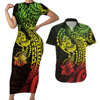 Hawaiian Manta Ray and Hammerhead Shark Tribal Tattoo Couples Matching Short Sleeve Bodycon Dress and Hawaiian Shirt with Polynesian Tribal Pattern Reggae Style LT03 Multicolor - Polynesian Pride