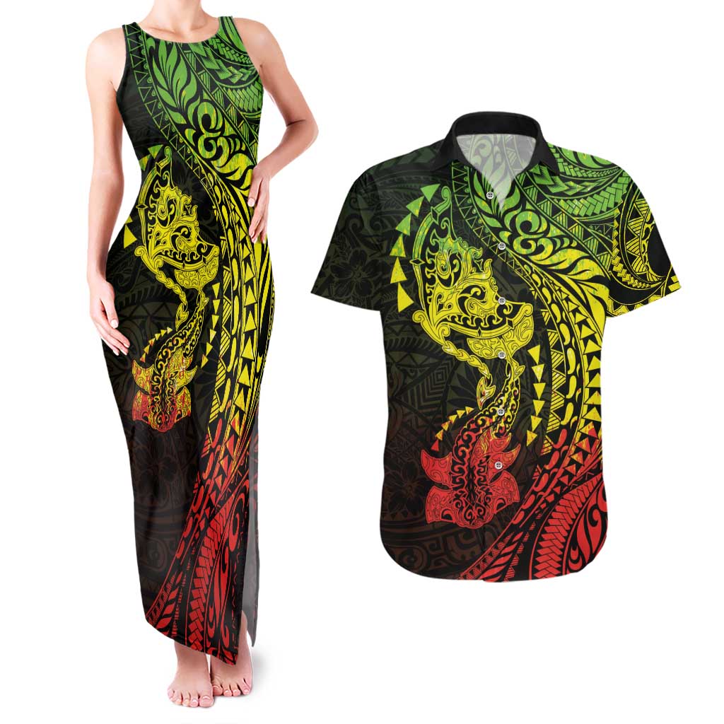 Hawaiian Manta Ray and Hammerhead Shark Tribal Tattoo Couples Matching Tank Maxi Dress and Hawaiian Shirt with Polynesian Tribal Pattern Reggae Style LT03 Multicolor - Polynesian Pride