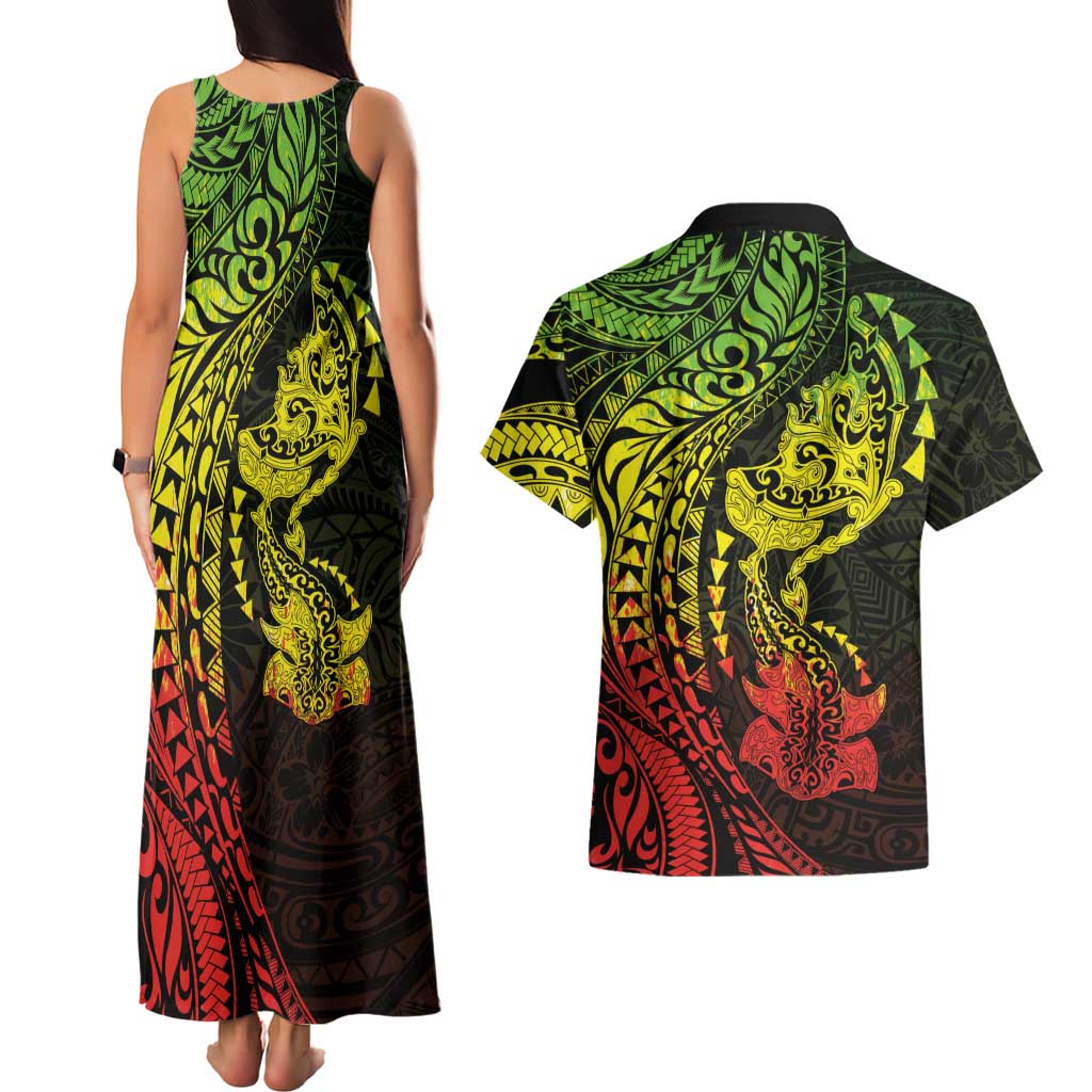 Hawaiian Manta Ray and Hammerhead Shark Tribal Tattoo Couples Matching Tank Maxi Dress and Hawaiian Shirt with Polynesian Tribal Pattern Reggae Style LT03 - Polynesian Pride