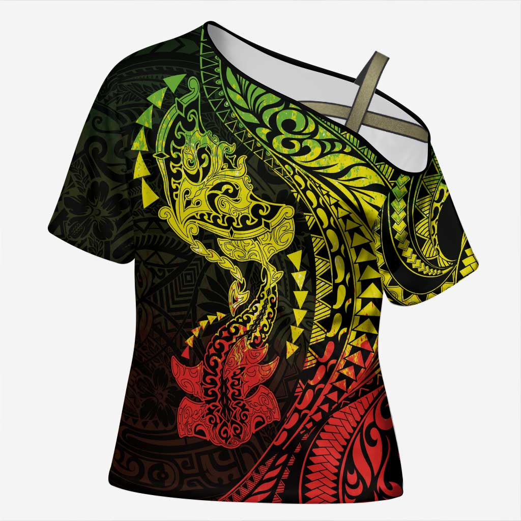 Hawaiian Manta Ray and Hammerhead Shark Tribal Tattoo Cross Shoulder Shirt with Polynesian Tribal Pattern Reggae Style