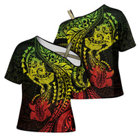 Hawaiian Manta Ray and Hammerhead Shark Tribal Tattoo Cross Shoulder Shirt with Polynesian Tribal Pattern Reggae Style