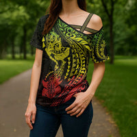 Hawaiian Manta Ray and Hammerhead Shark Tribal Tattoo Cross Shoulder Shirt with Polynesian Tribal Pattern Reggae Style