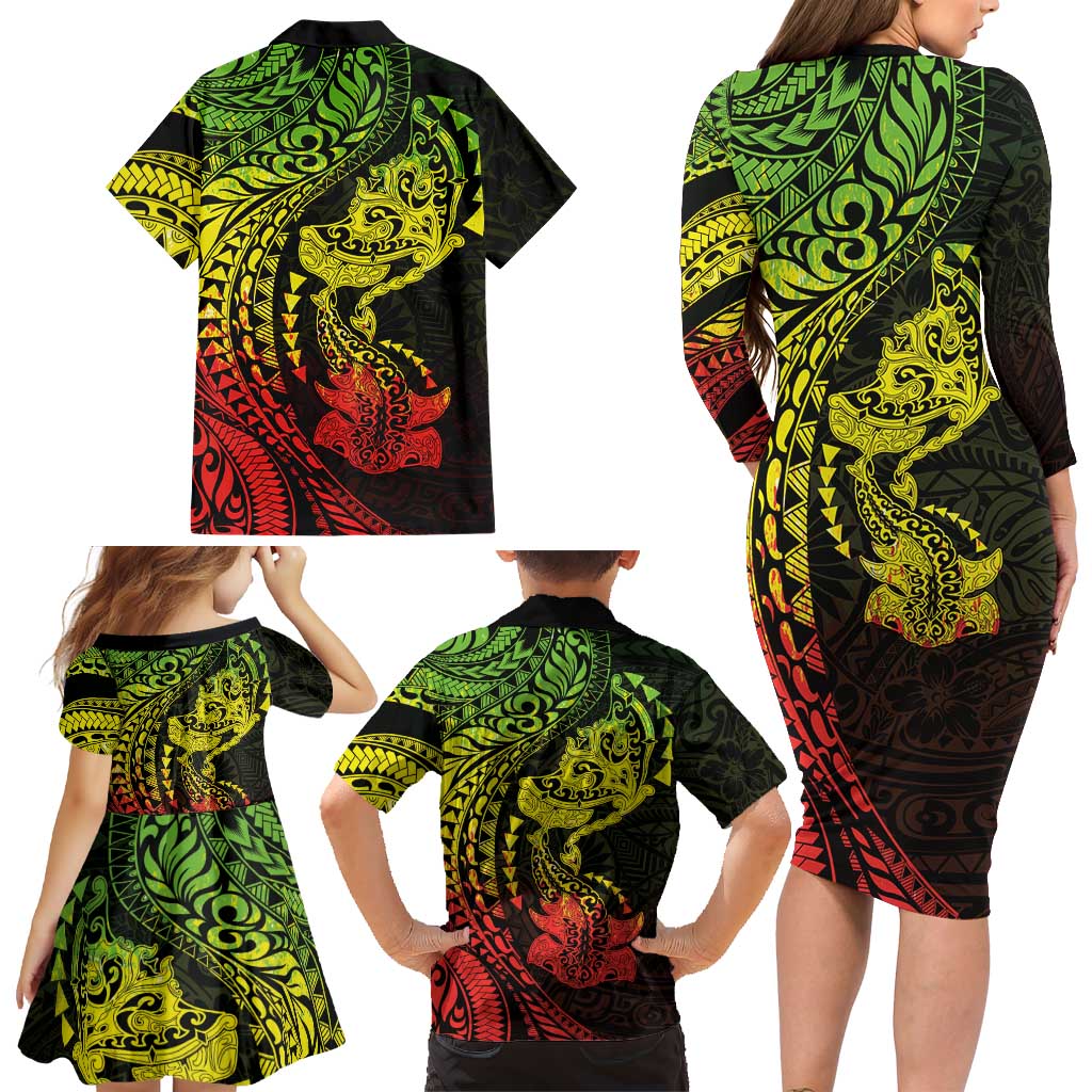 Hawaiian Manta Ray and Hammerhead Shark Tribal Tattoo Family Matching Long Sleeve Bodycon Dress and Hawaiian Shirt with Polynesian Tribal Pattern Reggae Style LT03 - Polynesian Pride