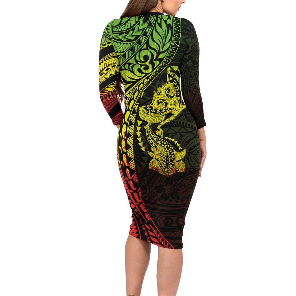 Hawaiian Manta Ray and Hammerhead Shark Tribal Tattoo Family Matching Long Sleeve Bodycon Dress and Hawaiian Shirt with Polynesian Tribal Pattern Reggae Style LT03 - Polynesian Pride