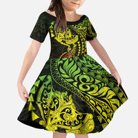 Hawaiian Manta Ray and Hammerhead Shark Tribal Tattoo Family Matching Off Shoulder Maxi Dress and Hawaiian Shirt with Polynesian Tribal Pattern Reggae Style LT03 Daughter's Dress Multicolor - Polynesian Pride
