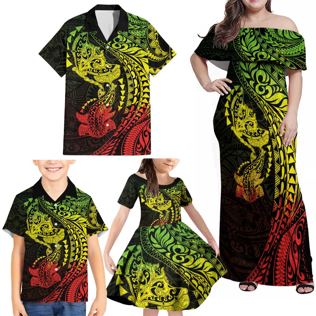 Hawaiian Manta Ray and Hammerhead Shark Tribal Tattoo Family Matching Off Shoulder Maxi Dress and Hawaiian Shirt with Polynesian Tribal Pattern Reggae Style LT03 - Polynesian Pride