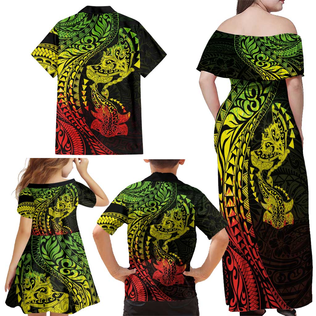 Hawaiian Manta Ray and Hammerhead Shark Tribal Tattoo Family Matching Off Shoulder Maxi Dress and Hawaiian Shirt with Polynesian Tribal Pattern Reggae Style LT03 - Polynesian Pride