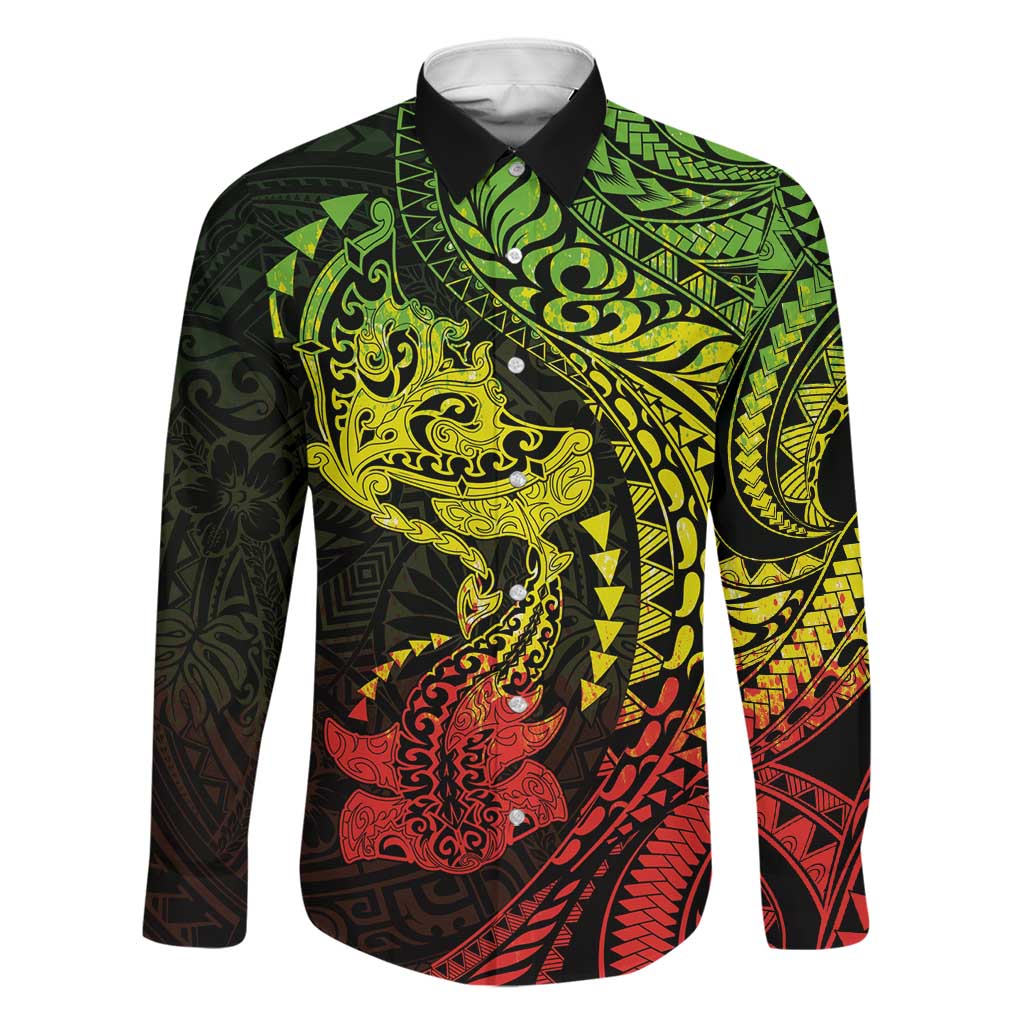 Hawaiian Manta Ray and Hammerhead Shark Tribal Tattoo Family Matching Off Shoulder Maxi Dress and Hawaiian Shirt with Polynesian Tribal Pattern Reggae Style LT03 Dad's Shirt - Long Sleeve Multicolor - Polynesian Pride