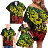 Hawaiian Manta Ray and Hammerhead Shark Tribal Tattoo Family Matching Off Shoulder Short Dress and Hawaiian Shirt with Polynesian Tribal Pattern Reggae Style LT03 - Polynesian Pride